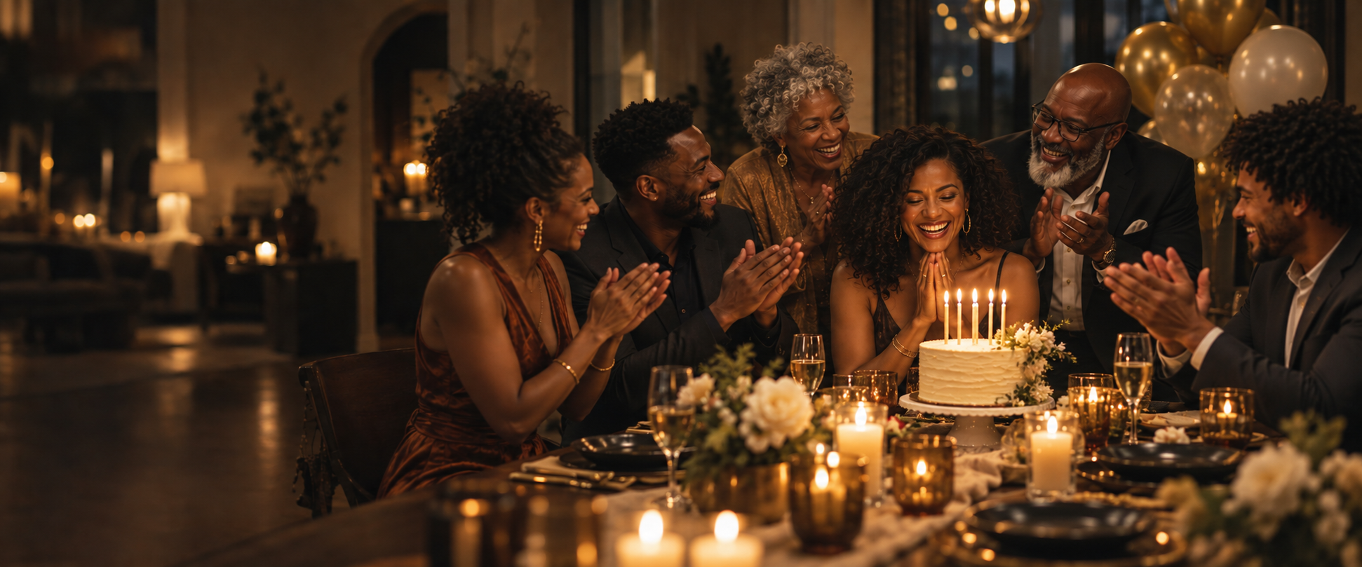 Illustration of a woman celebrating her birthday with cake, candles, family and friends