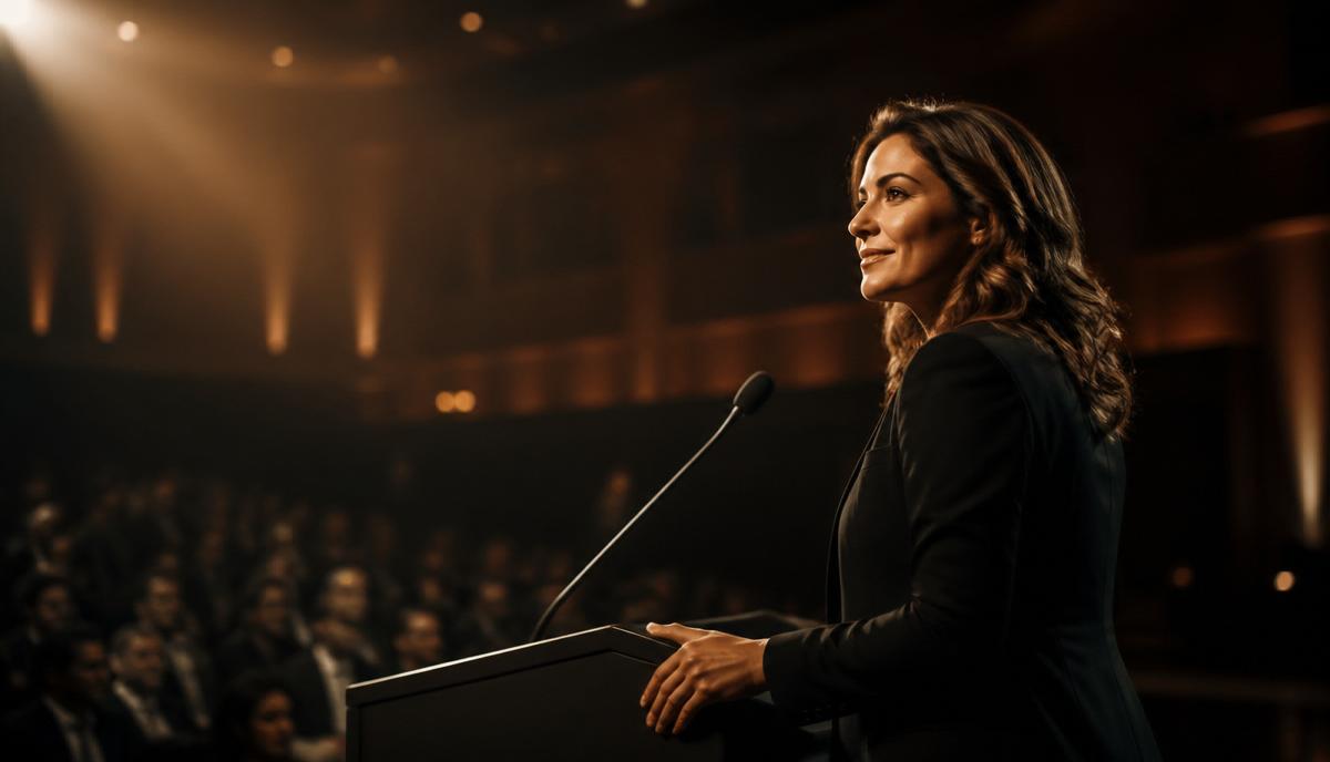 Speaker at a podium under warm amber stage lights