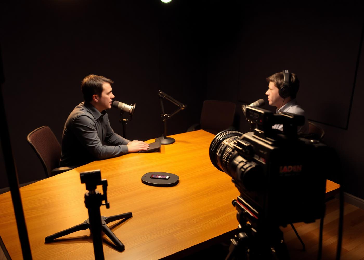 Leadership interview setup with two people across a wooden table and microphones